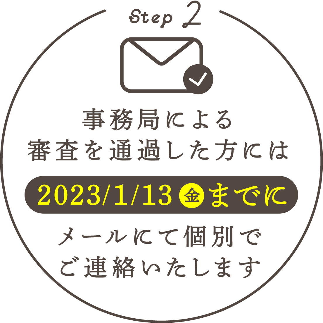 Step2 事務局による審査を通過した方には2023/1/13(水)までにメールにて個別でご連絡いたします
